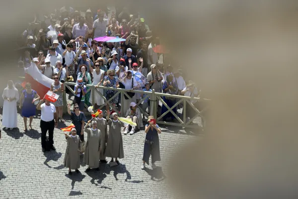 Religious sisters wave Spanish flags at Pope Francis during his weekly Angelus at St.  Peter's Square on Sunday, July 21, 2024. Credit: Vatican Media